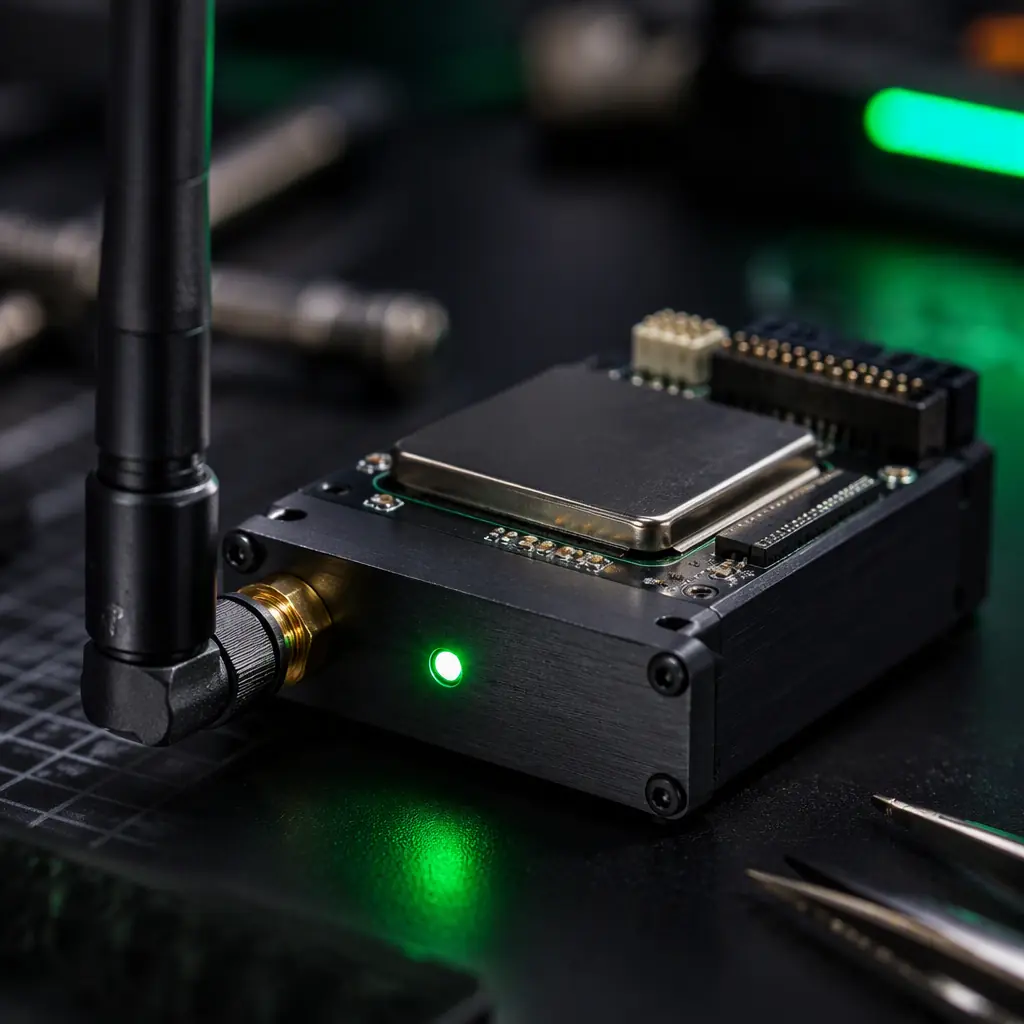 Macro photograph of a UAV telemetry radio module with its antenna connector and shielding, frequency band labels on the bench surface, dark engineering workspace with green accent lighting, no people faces, no text, no logos