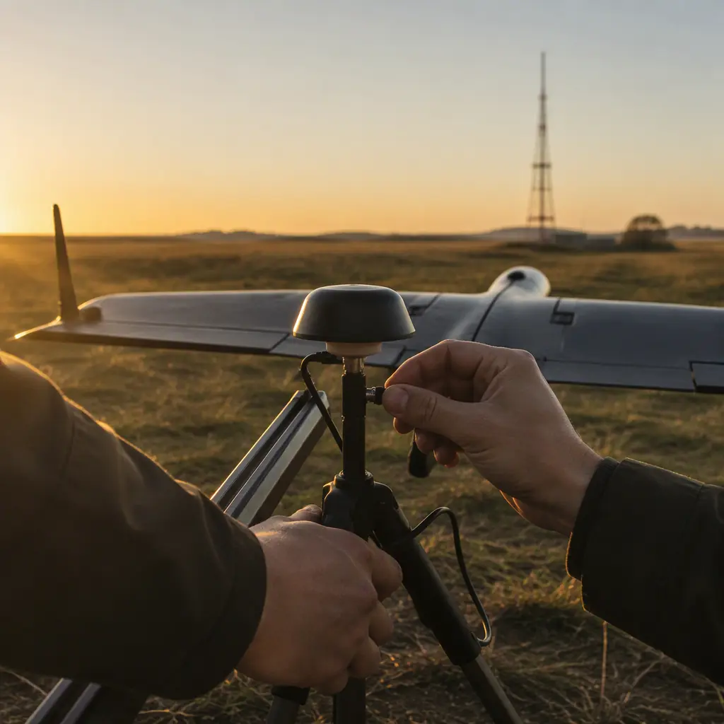 Photograph of two engineers' hands adjusting a UAV telemetry radio antenna outdoors, rolling field and radio mast in background, overcast sky, dark drone hardware, no people faces, no text, no logos