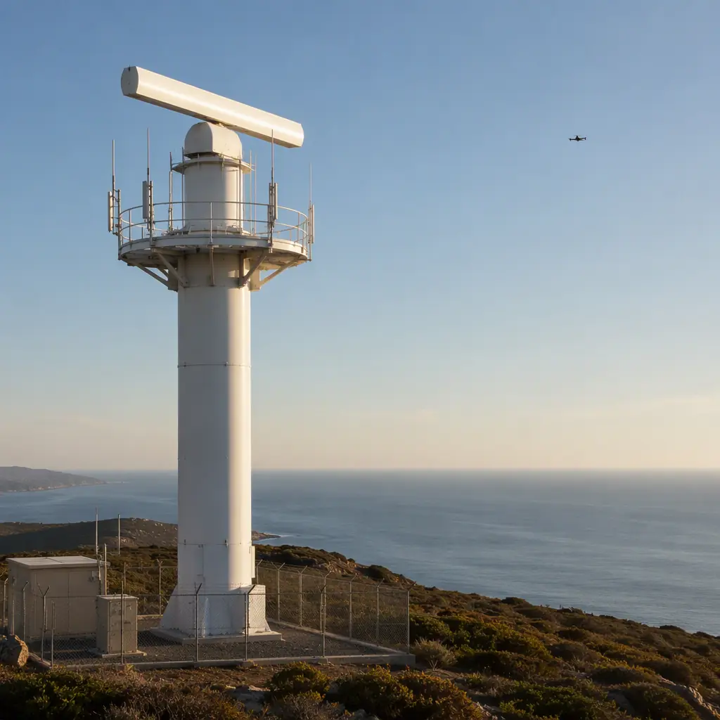 Photograph of a tall radar mast on a coastal hilltop with a UAV flying in the distance, late afternoon light, the radar installation that 5 GHz transmitters must detect and avoid, no people faces, no text, no logos
