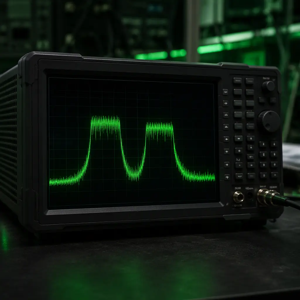 Photograph of a spectrum analyzer display showing two occupied frequency bands on a dark laboratory bench, one marked free and one marked licensed, green trace lines, engineering environment, no people faces, no text, no logos