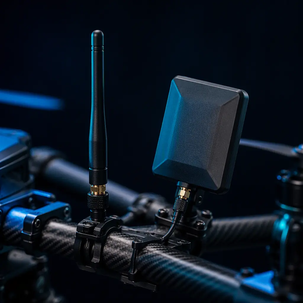 UAV antenna systems — small omnidirectional whip antenna and panel antenna mounted on a dark carbon fiber UAV arm, close-up on RF connectors and mounting hardware, dark background with blue-green accent lighting, professional product photography, no people faces, no text, no logos