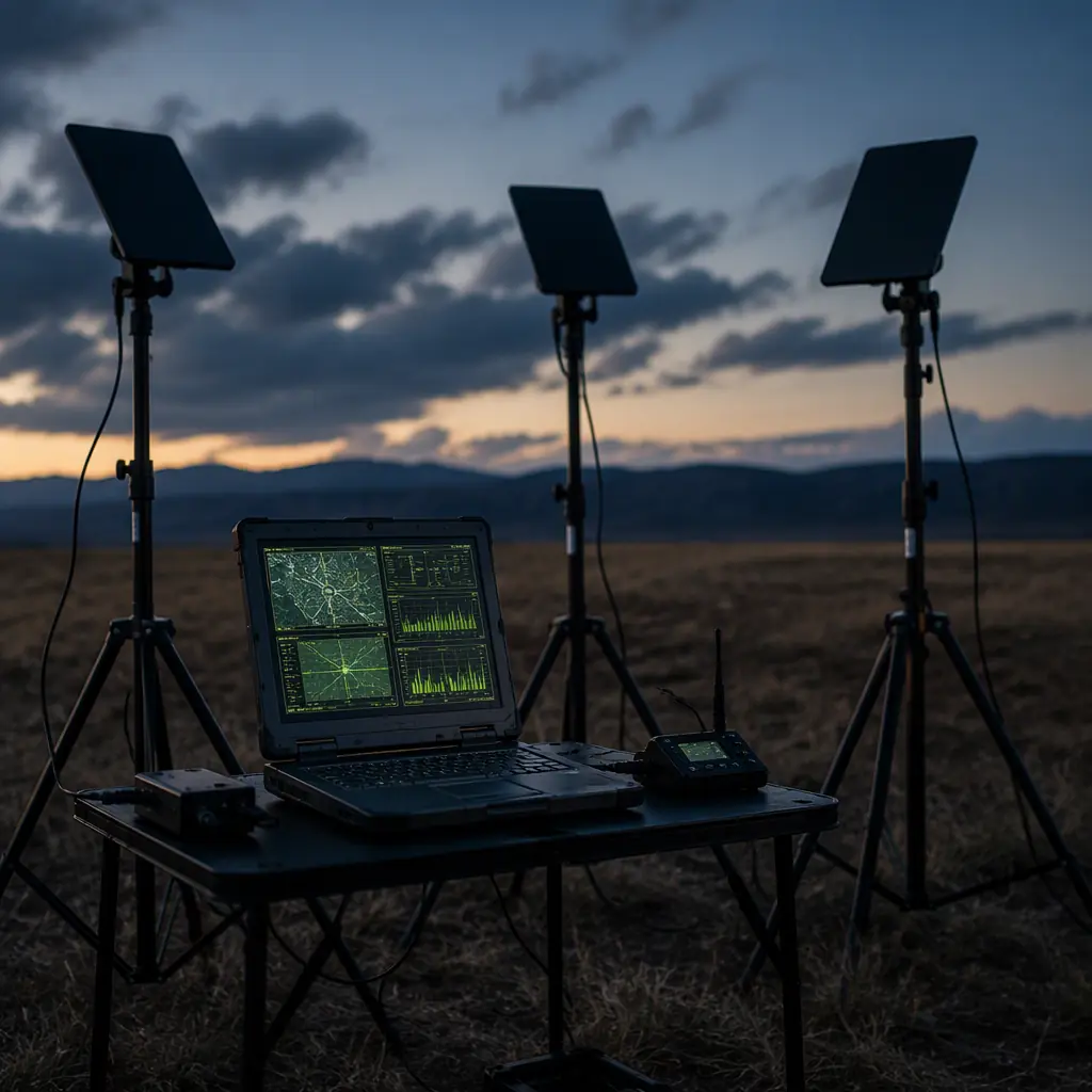 Ground control station for multiple UAVs — rugged laptop on a foldable table with three radio antennas on tripods, multiple green status displays glowing, dusk field environment, dark moody tones, professional photography, no people faces, no text, no logos