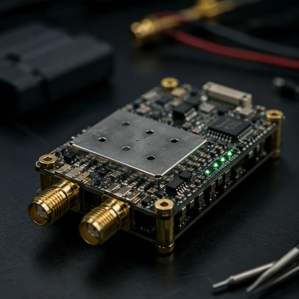 UAV mesh networking radio module — compact PCB with dual SMA antenna connectors, RF shield, green LED link indicators, dark engineering bench, macro photography, precision electronics aesthetic, no people faces, no text, no logos