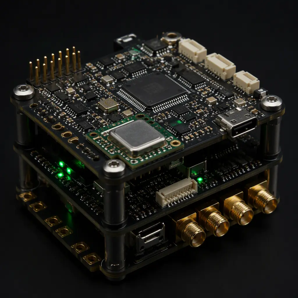 UAV avionics stack with precision timing module — flight controller board with a small TCXO timing module, gold-plated connectors, dark background, green LED indicators, photorealistic 3D render, engineering precision aesthetic, no people faces, no text, no logos