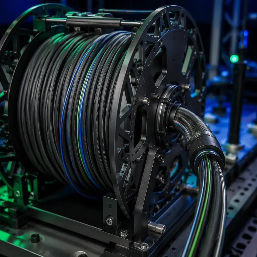 Macro photograph of a tethered UAV cable spool showing the thick power-and-data tether cable with fiber optic lines, on a dark engineering bench, precision manufacturing, no people faces, no text, no logos