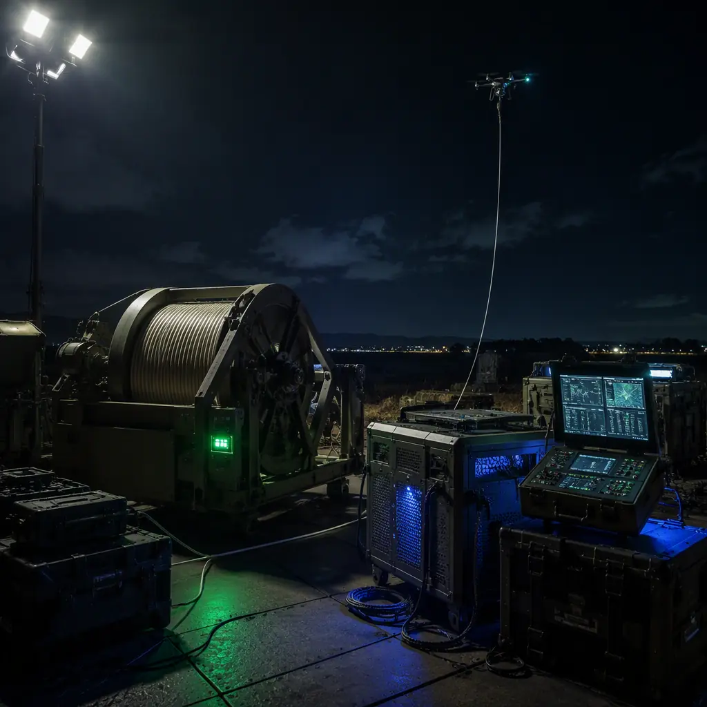 Dark photograph of a tethered UAV ground station with winch, power unit and control terminal under a floodlight at night, persistent operations scene, cinematic engineering photography, no people faces, no text, no logos