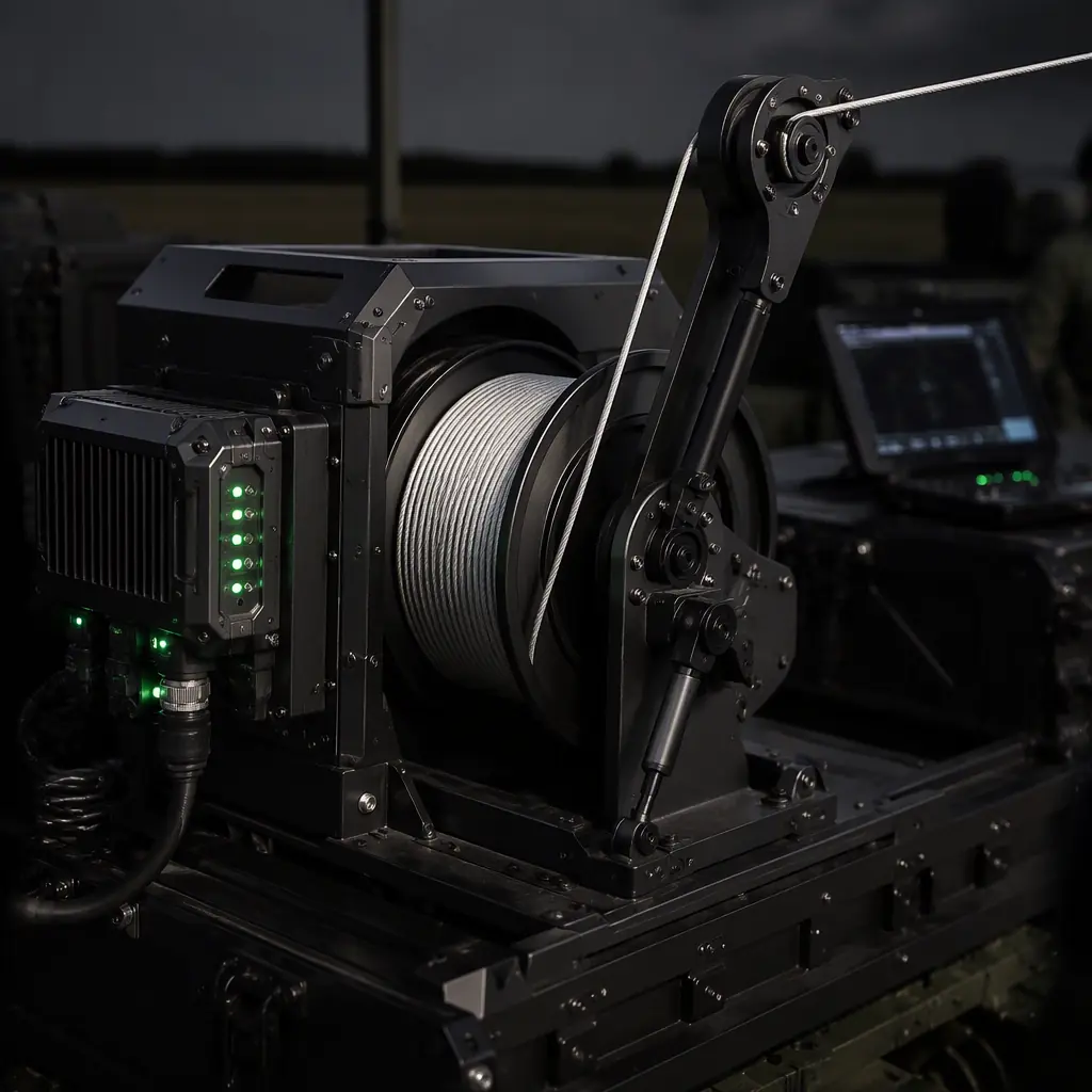 Photograph of a tethered UAV winch and tether management system unit with spool and tension arm on a dark ground station, industrial engineering, green LED indicators, no people faces, no text, no logos