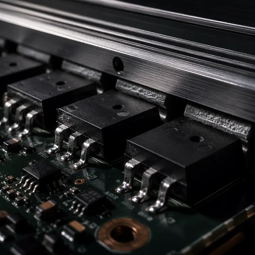 Close-up macro photograph of UAV ESC power stage — MOSFETs with thermal interface material and aluminum heatsink on dark PCB, thermal camera overlay concept showing heat concentration at the MOSFET drain tabs, professional power electronics aesthetic