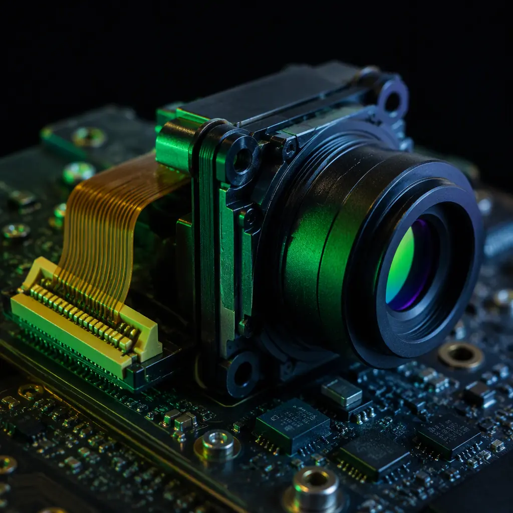 Macro photograph of an uncooled thermal imaging camera core with lens mount and ribbon cable on a dark PCB, precision optics, green and blue accent lighting, no people faces, no text, no logos