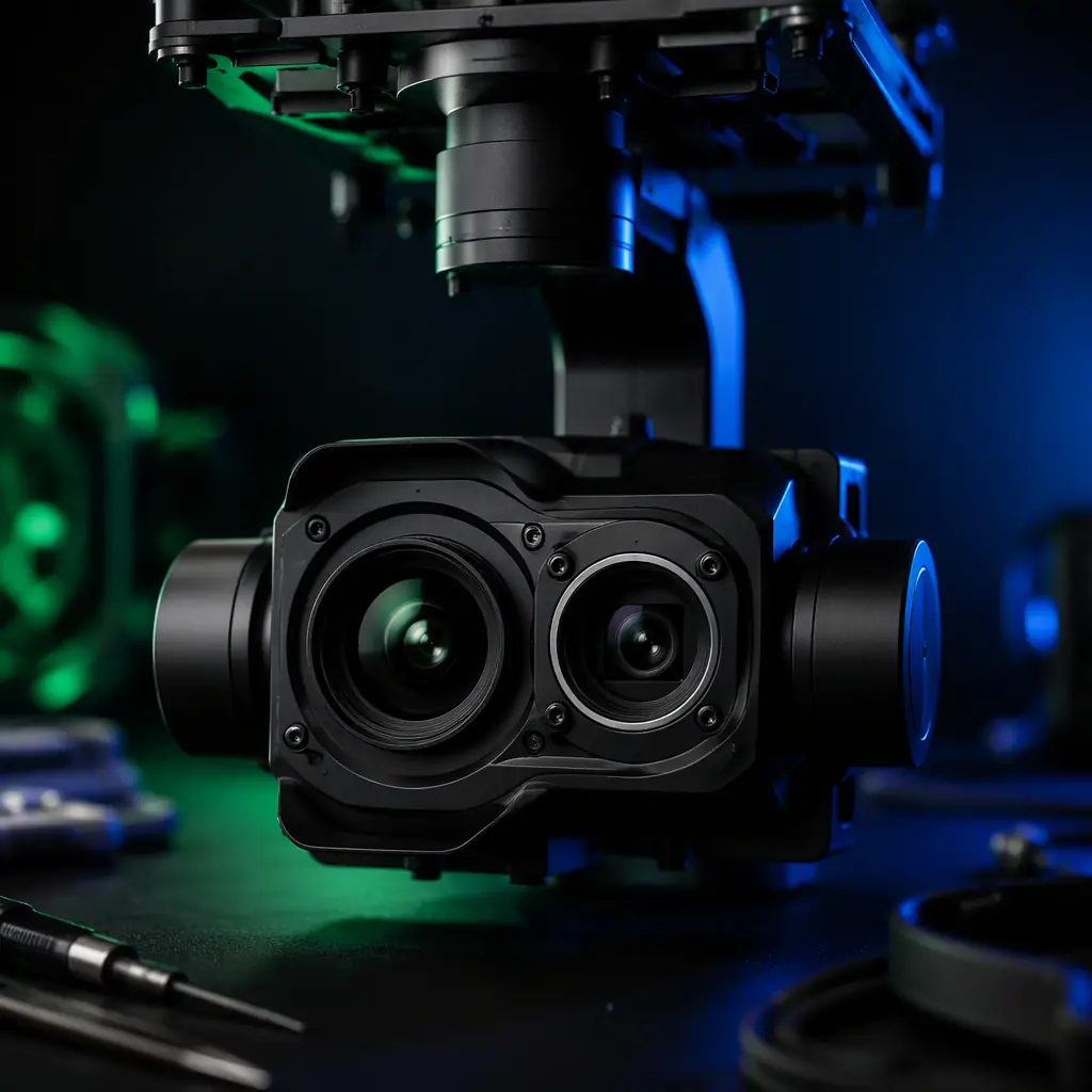 Photograph of a dual-sensor gimbal payload with a thermal camera and visible camera side by side in a stabilized housing on a dark workbench, precision engineering, green and blue accent lighting, no people faces, no text, no logos