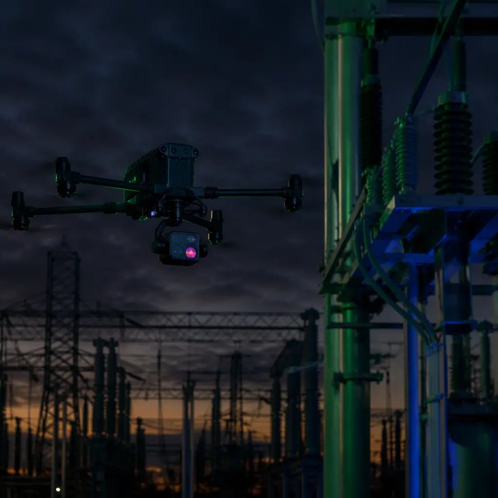 Dark photograph of a UAV with a thermal gimbal payload flying close to an electrical substation structure at dusk, thermal inspection scene, cinematic engineering photography, no people faces, no text, no logos
