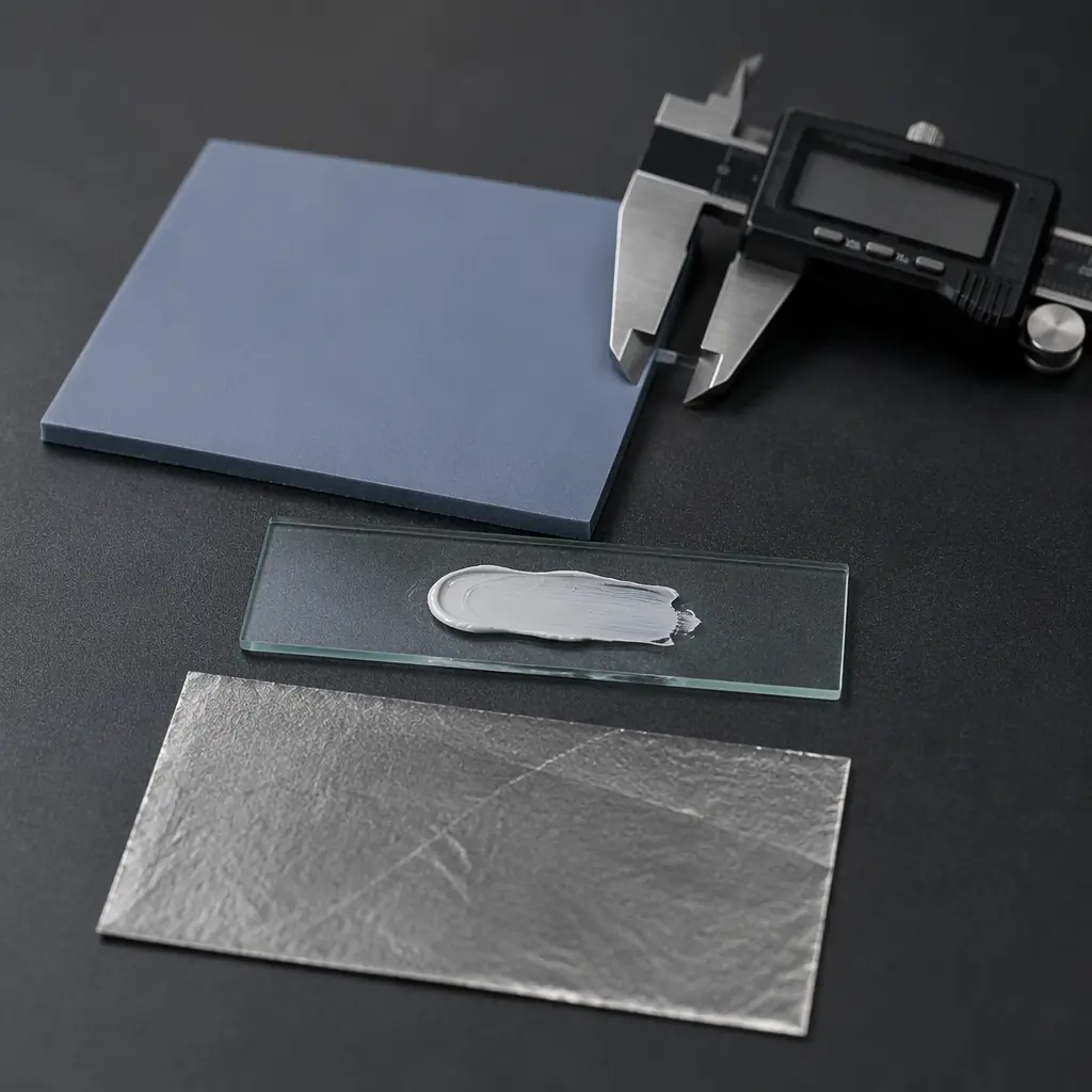 Three thermal interface material samples — silicone thermal pad, thermal grease on a glass slide, and phase-change material sheet — arranged on dark laboratory surface with digital calipers measuring thickness, clean engineering documentation aesthetic with green accent highlights