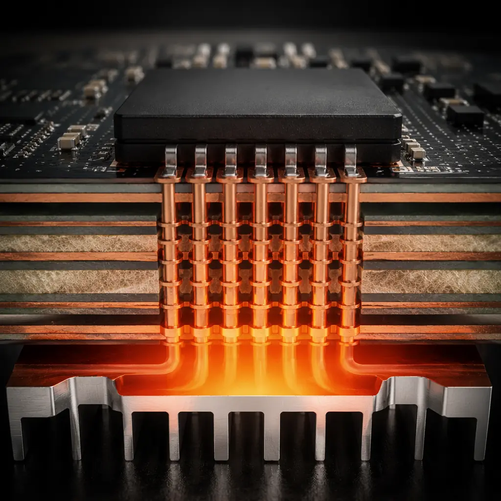Photorealistic 3D cross-section render of a UAV ESC PCB showing thermal via array under MOSFET package — copper layers visible in cross-section with heat flow arrows from component pad through vias to internal copper plane and bottom-side heatsink, dark technical engineering aesthetic