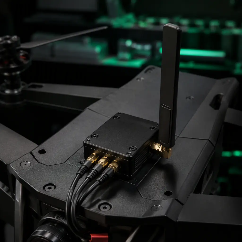 Compact ADS-B receiver module with small blade antenna mounted on a UAV airframe — surface-mount electronics module with SMA connector and antenna, dark engineering bench with green accent lighting, precision avionics component photography, no people faces, no text, no logos