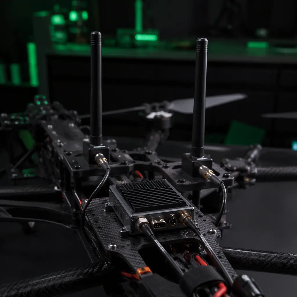 Dual command and control link antennas on a UAV — two independent RF antennas mounted on the airframe with separate cabling, telemetry module with SMA connectors visible, dark engineering bench with green accent lighting, precision avionics component photography, no people faces, no text, no logos