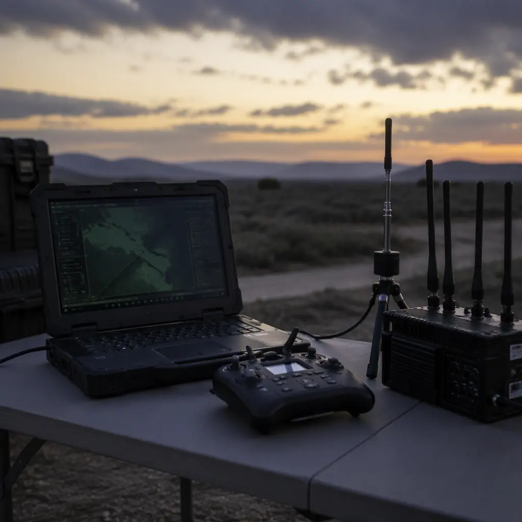 Ground control station for BVLOS operations — rugged laptop and controller on a field table with an airspace situation display showing aircraft tracks, antennas in the background, dusk lighting with green screen glow, professional operational photography, no people faces, no text, no logos