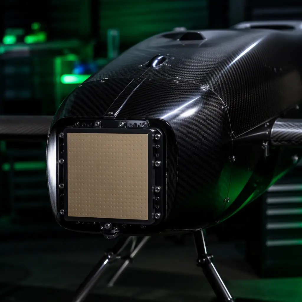 Compact millimetre-wave radar sensor mounted on the nose of a UAV airframe — small flat radar module with visible antenna array panel, carbon fiber airframe, dark engineering workshop with green accent lighting, precision avionics component photography, no people faces, no text, no logos