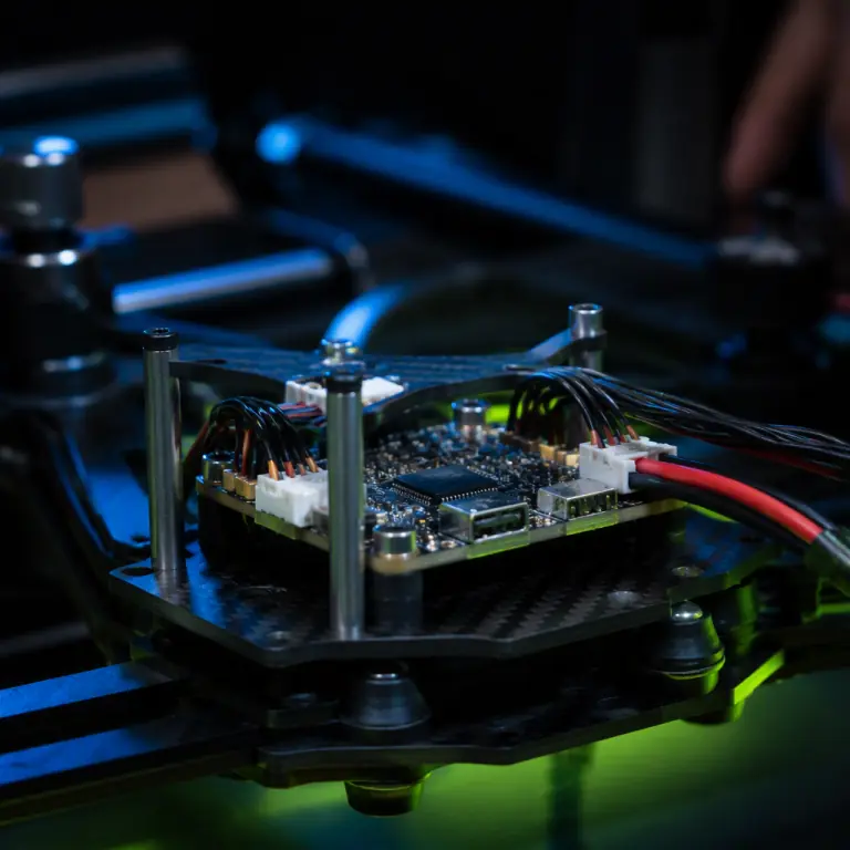Photograph of a flight controller rigidly mounted on a stiff carbon fiber deck plate with aluminum standoffs, clean wiring, vibration-damping grommets visible on the deck edge, dark engineering lab with blue and lime-green accent lighting, photorealistic, no people faces, no text, no logos