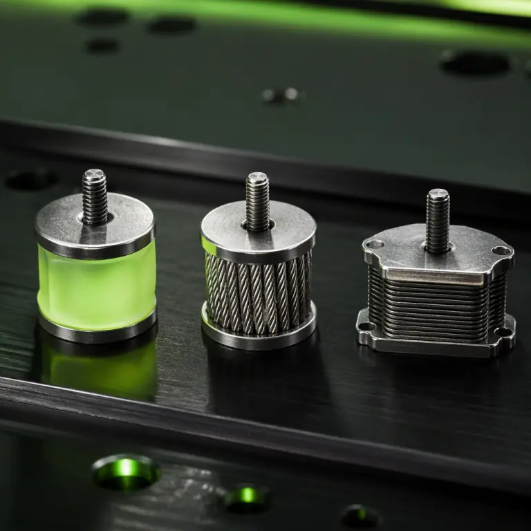 Macro studio photograph of three small anti-vibration mounts side by side on a dark anodized aluminum plate: a cylindrical silicone isolator, a stainless steel wire-rope isolator and a thin metal-laminate sandwich mount, lime-green LED glow, precision engineering aesthetic, photorealistic, no people faces, no text, no logos