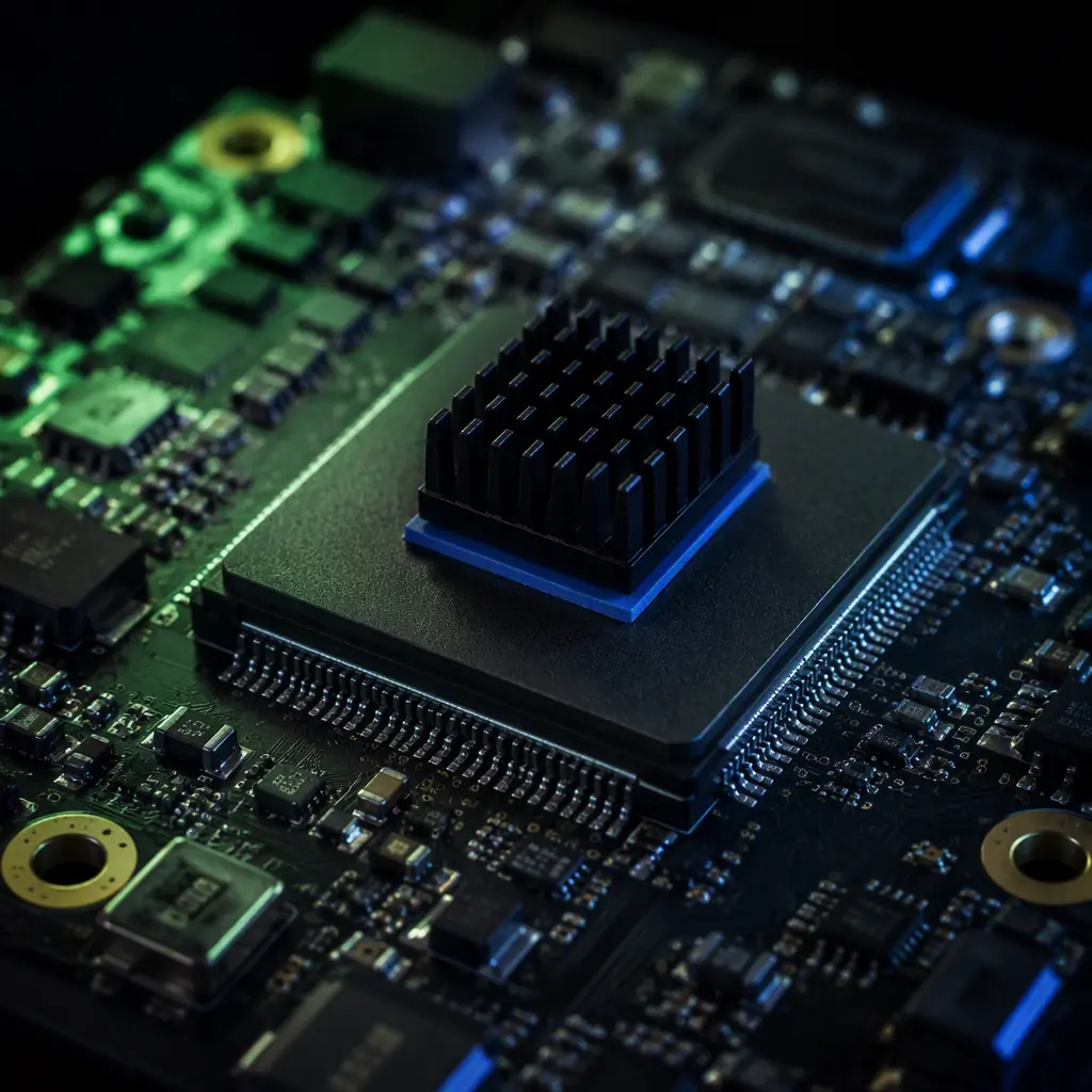 Macro photograph of a video encoding system-on-chip on a UAV avionics board with a small heat sink and thermal pad, dark PCB, green and blue accent lighting, precision electronics, no people faces, no text, no logos