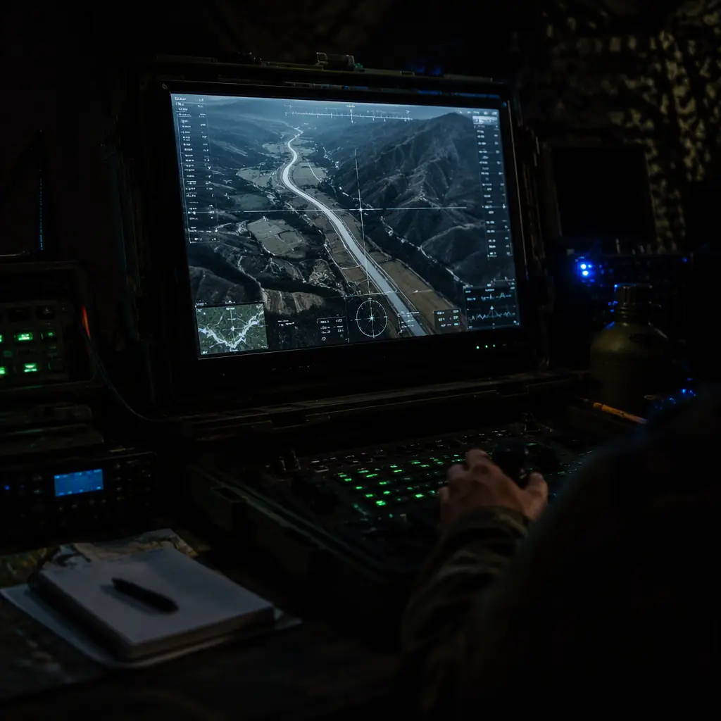 Dark photograph of a rugged ground control station with a bright screen showing a live aerial video feed with telemetry data overlay, professional operator workspace, green and blue accent lighting, no people faces, no text, no logos