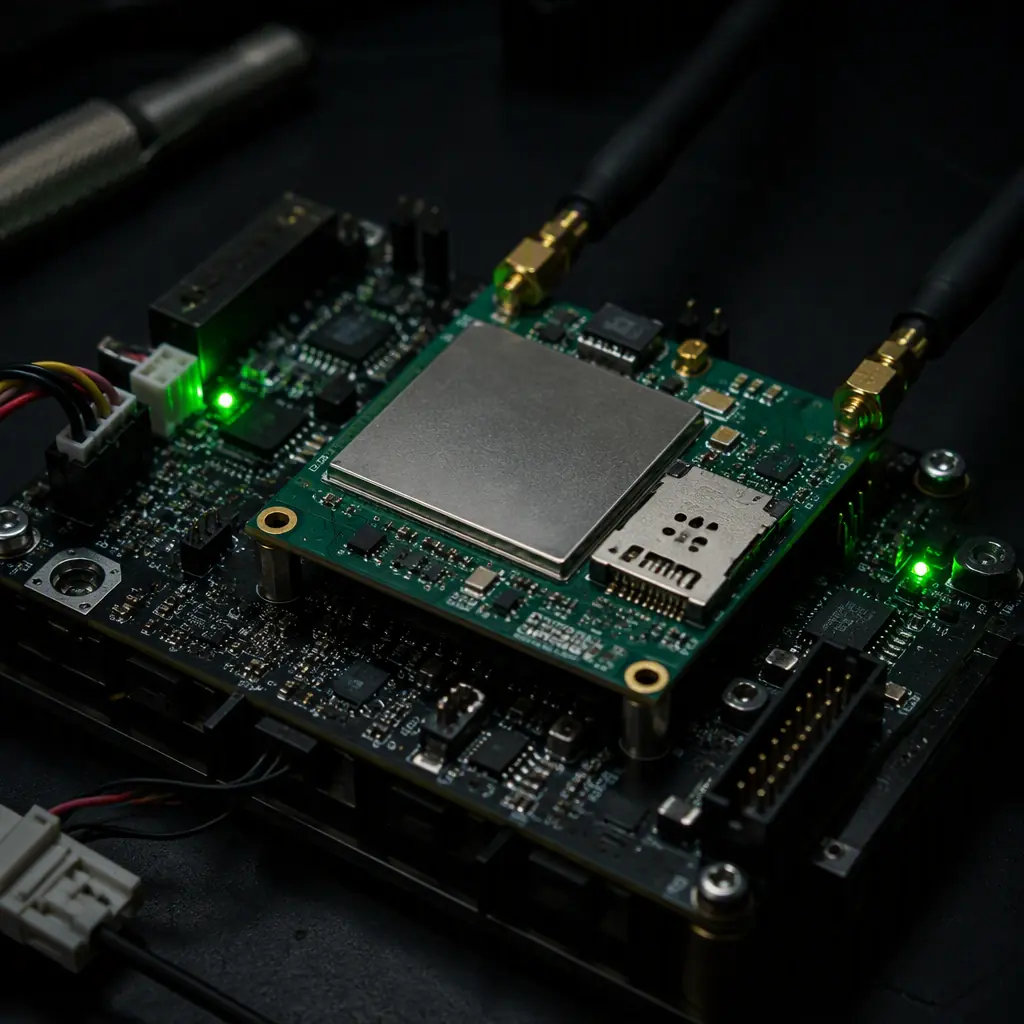 Photograph of a compact LTE cellular module with SIM card slot and antenna connectors mounted on a UAV data-link board, dark engineering bench, green status LEDs, precision electronics, no people faces, no text, no logos