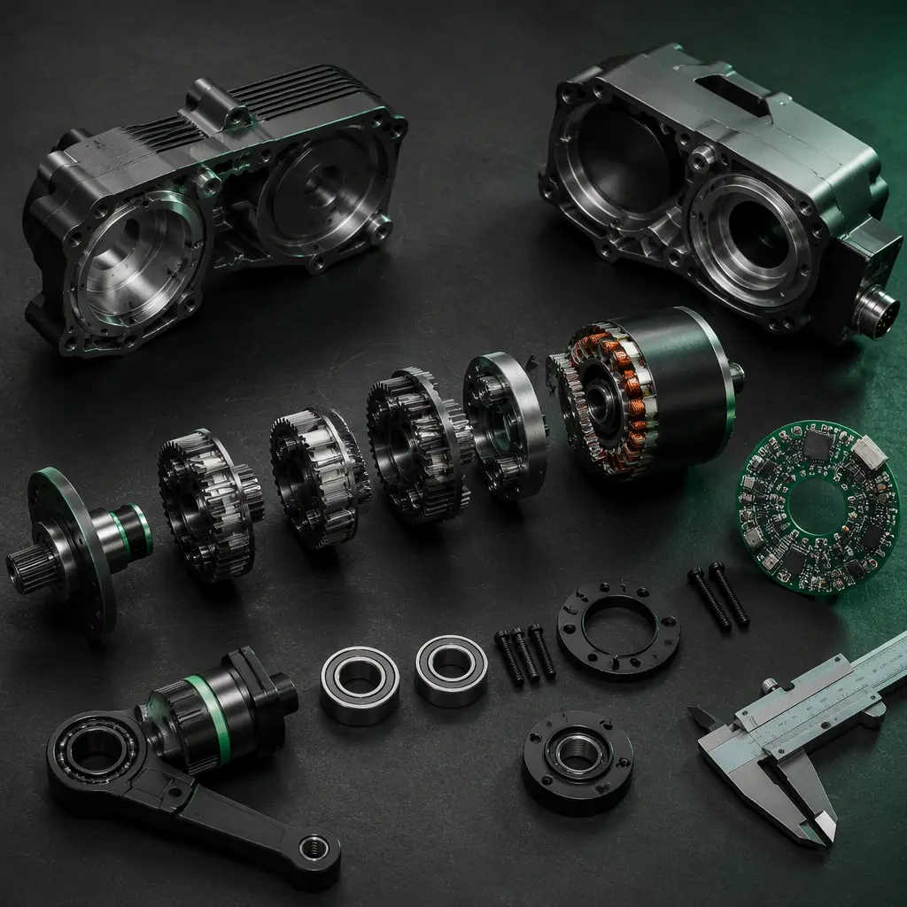 Disassembled UAV tilt servo actuator showing planetary steel gear train, magnetic encoder ring on output shaft, brushless motor stator and dual ball bearings in aluminum housing, precision aerospace component photography on dark surface