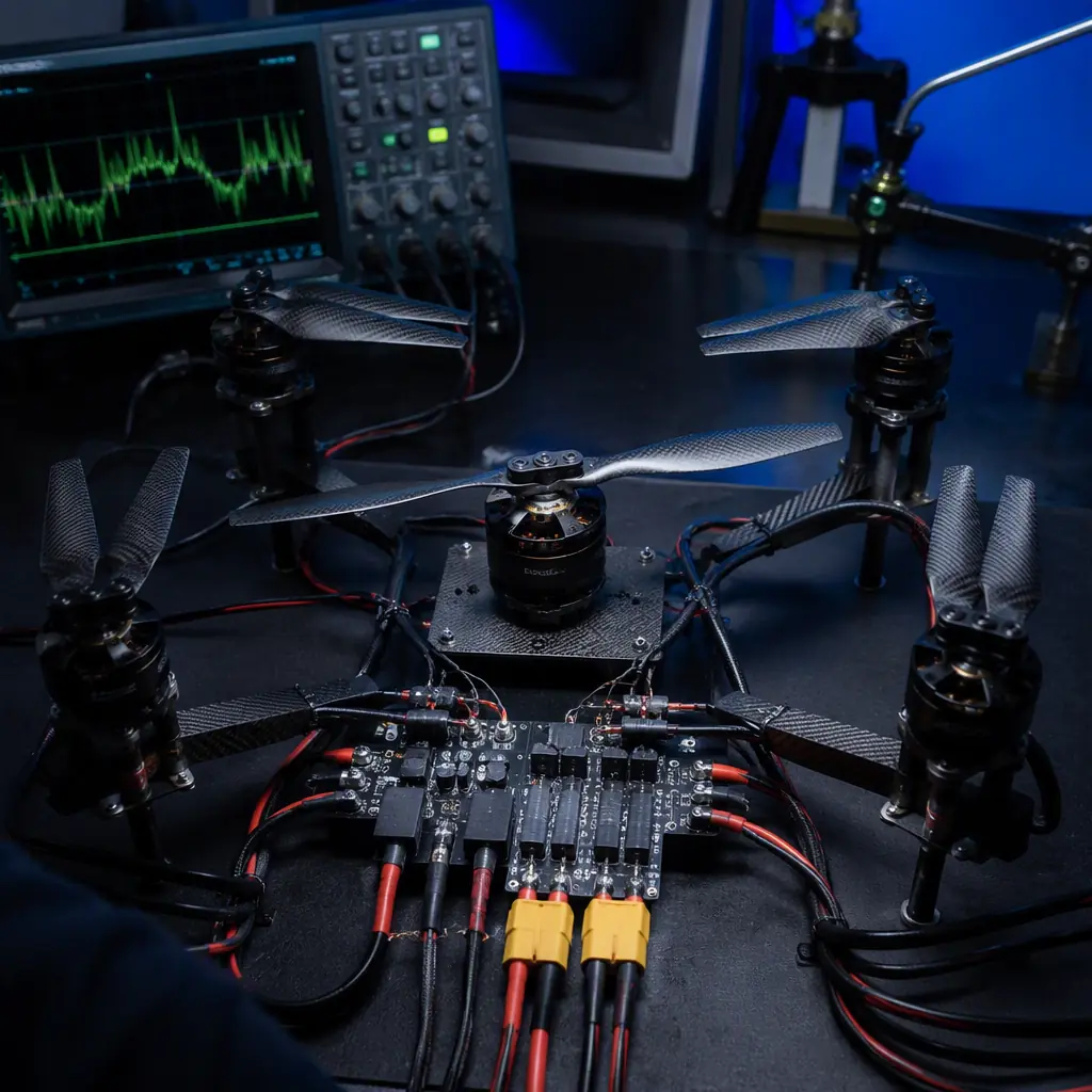 VTOL UAV dual propulsion system on engineering bench — four lift motors with folding propellers arranged in quad configuration, single cruise motor with fixed propeller at center, power distribution board with two separate battery buses, oscilloscope displaying current draw during simulated transition sequence, dark technical workspace
