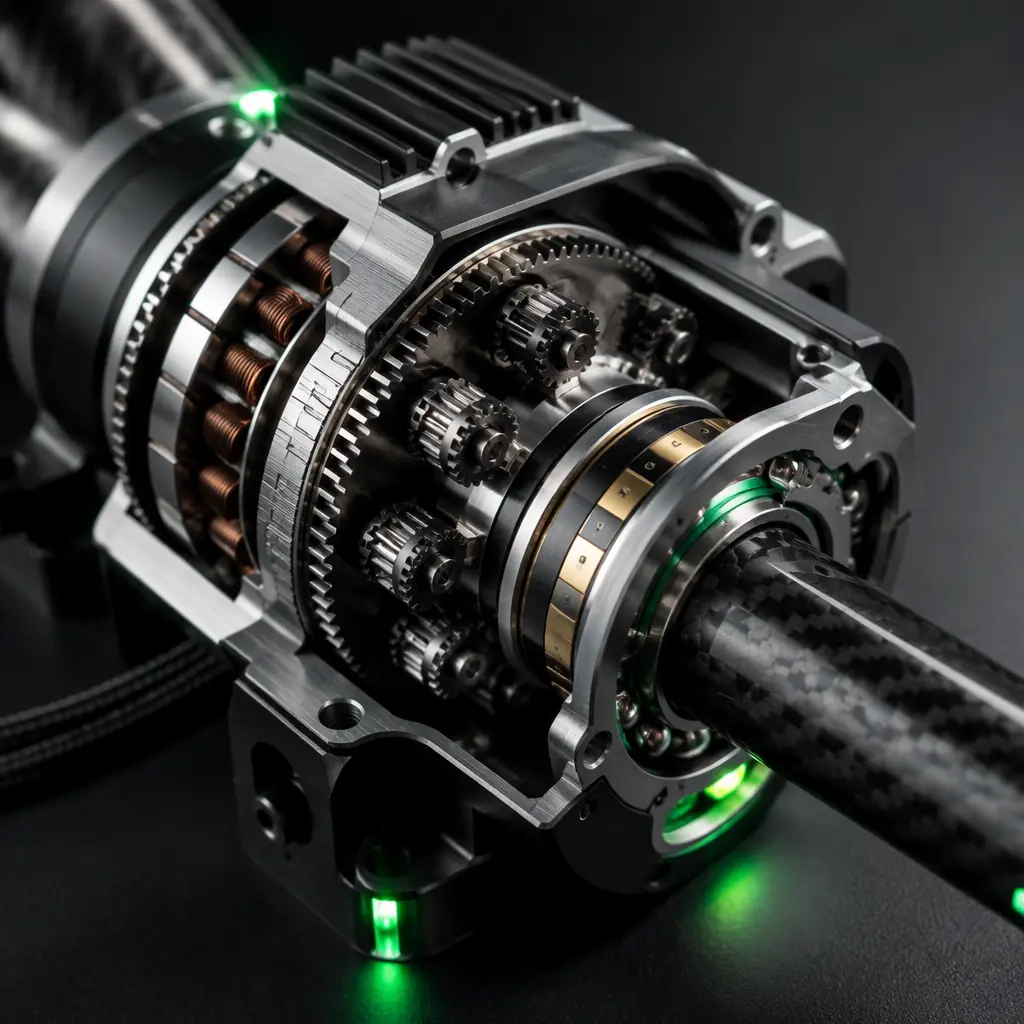 Close-up of UAV tilt-rotor mechanism — brushless servo actuator with planetary gear reduction driving a carbon fiber tilt shaft, propulsion nacelle in mid-tilt position at approximately 45 degrees, dual ball bearings visible in the wing mounting bracket, dark aerospace engineering aesthetic with aero blue accent lighting