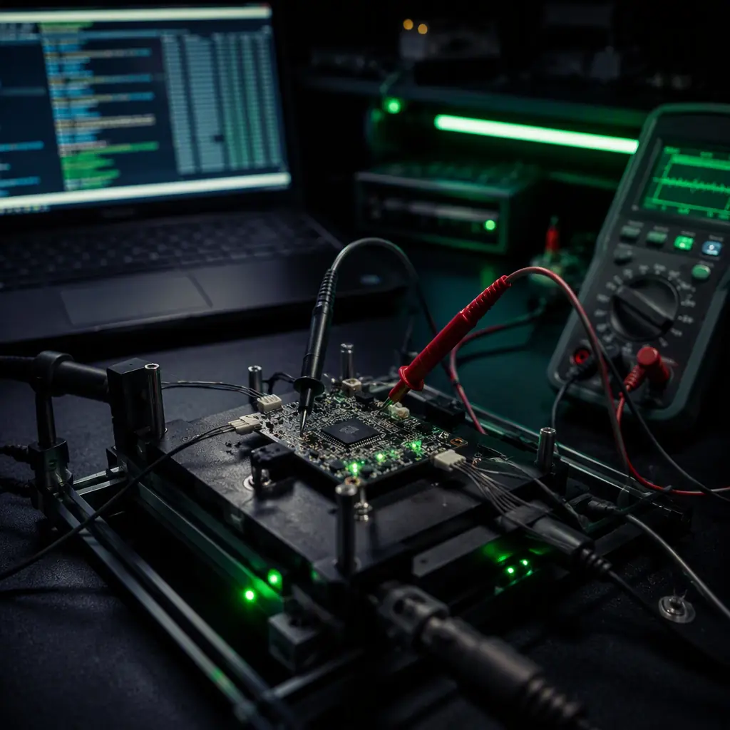 Functional test bench where a returned UAV component is being diagnosed — flight controller connected to a test rig with multimeter and laptop showing test logs, dark engineering workshop with green accent light, no people faces, no text, no logos