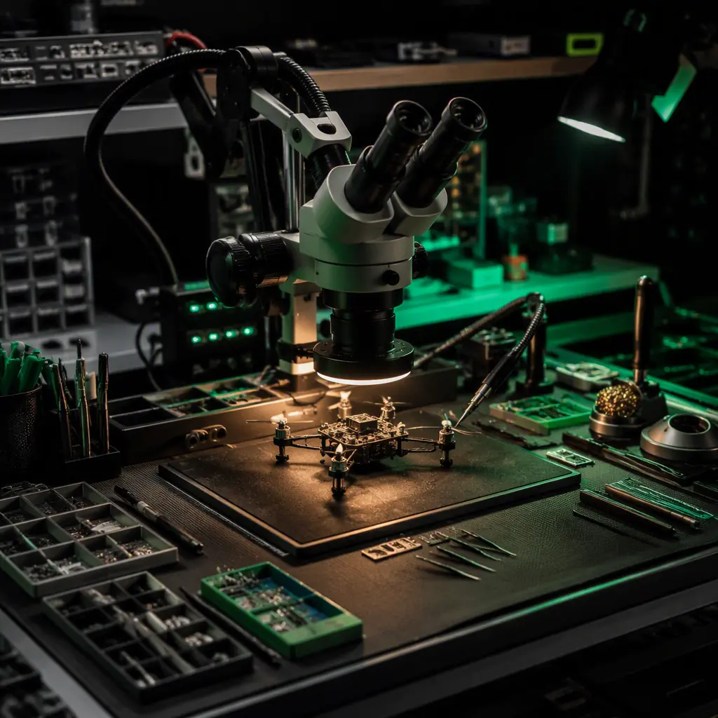 Precision electronics repair station with a UAV module under a stereo microscope — rework soldering, component trays and ESD mat, dark workshop with warm and green accent light, no people faces, no text, no logos