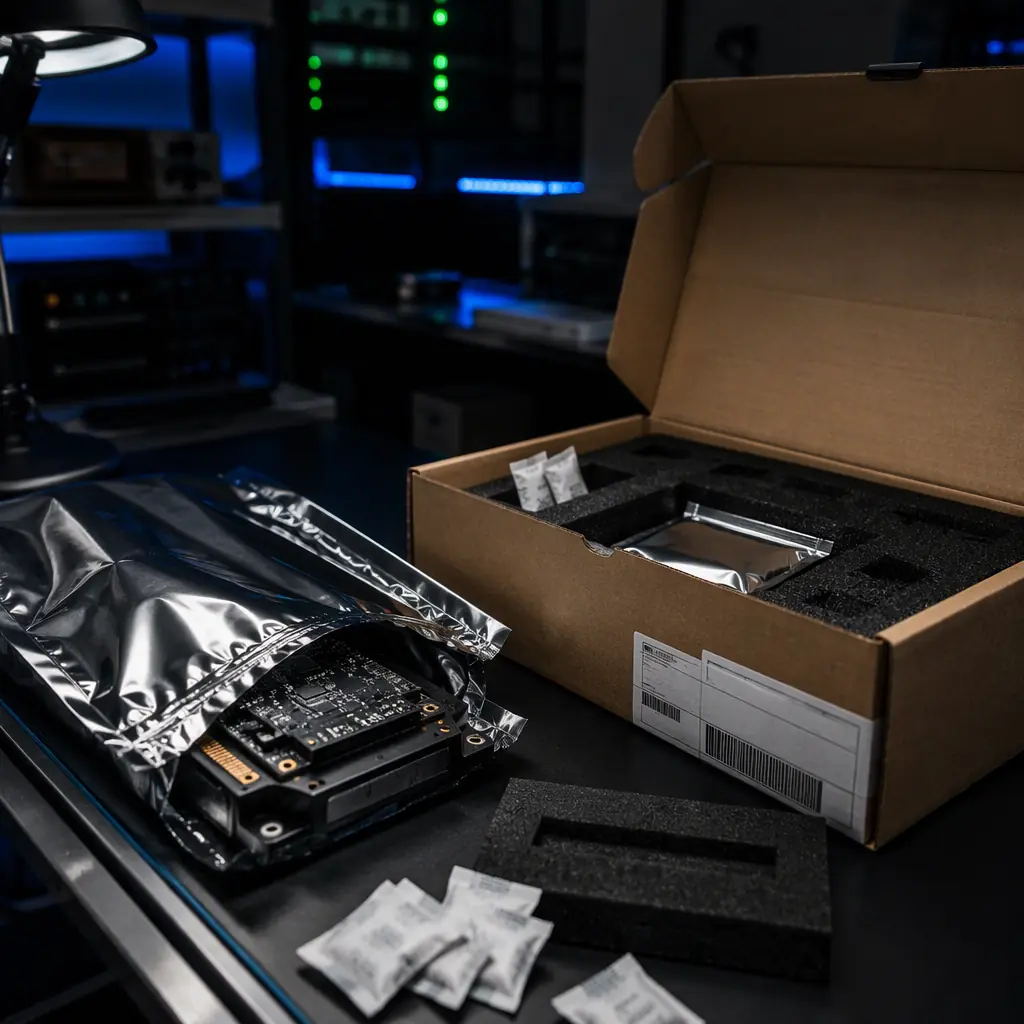 Anti-static packaging station preparing a UAV component for international RMA shipment — ESD bag, desiccant, protective foam and a shipping label in a labeled box, dark industrial background with blue accent light, no people faces, no text, no logos