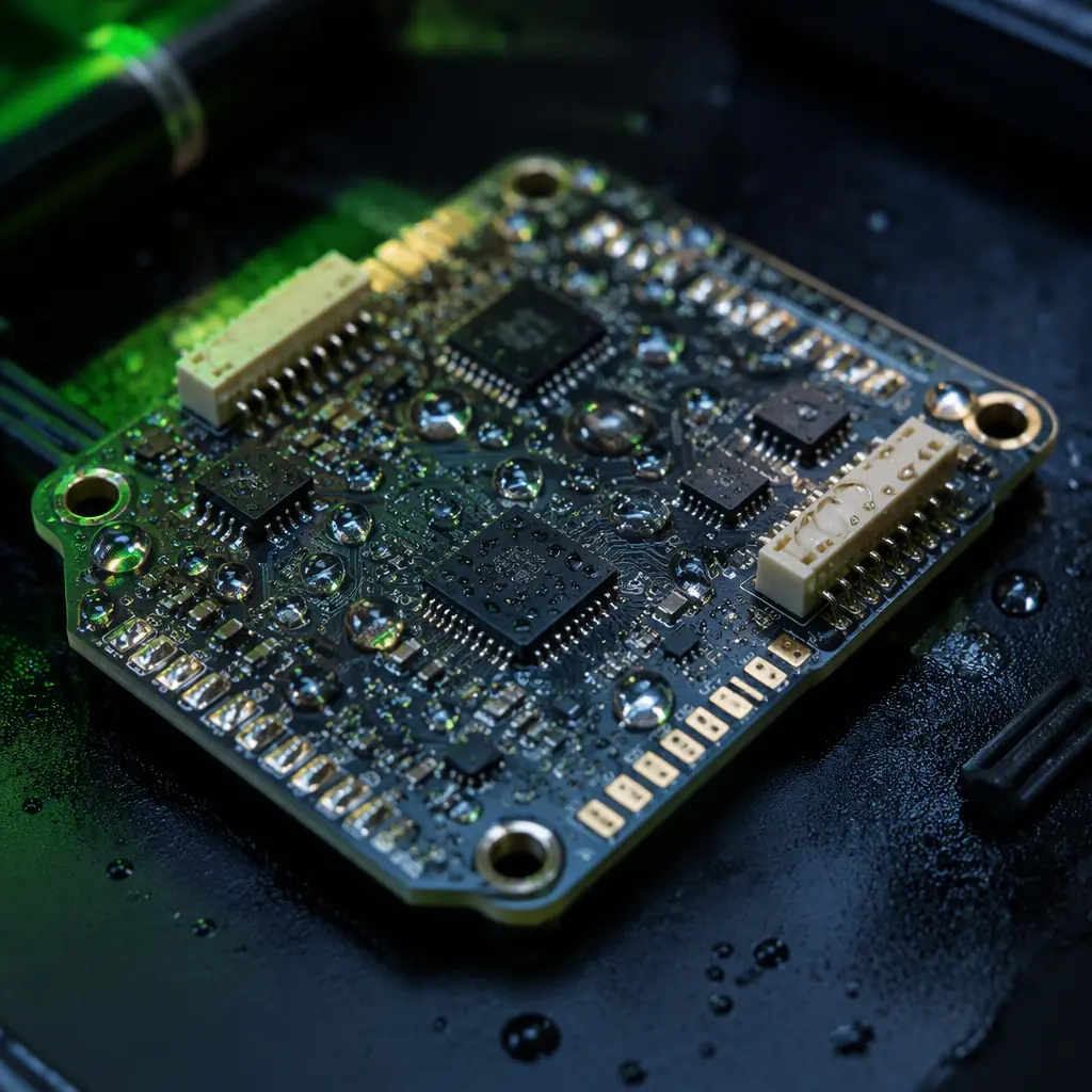Macro photograph of conformal-coated UAV flight controller PCB — transparent polymer film visible over surface-mount components, water droplets beading on the coated surface, masked connector pins and test pads, dark engineering laboratory lighting with green accent, precision electronics manufacturing photography, no people faces, no text, no logos