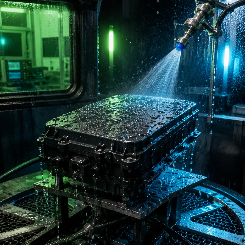 UAV component undergoing IP rating water test — sealed electronics enclosure exposed to oscillating water spray from test nozzle in controlled laboratory chamber, water beading on the enclosure surface, industrial testing facility with technical instrumentation, professional photography, no people faces, no text, no logos