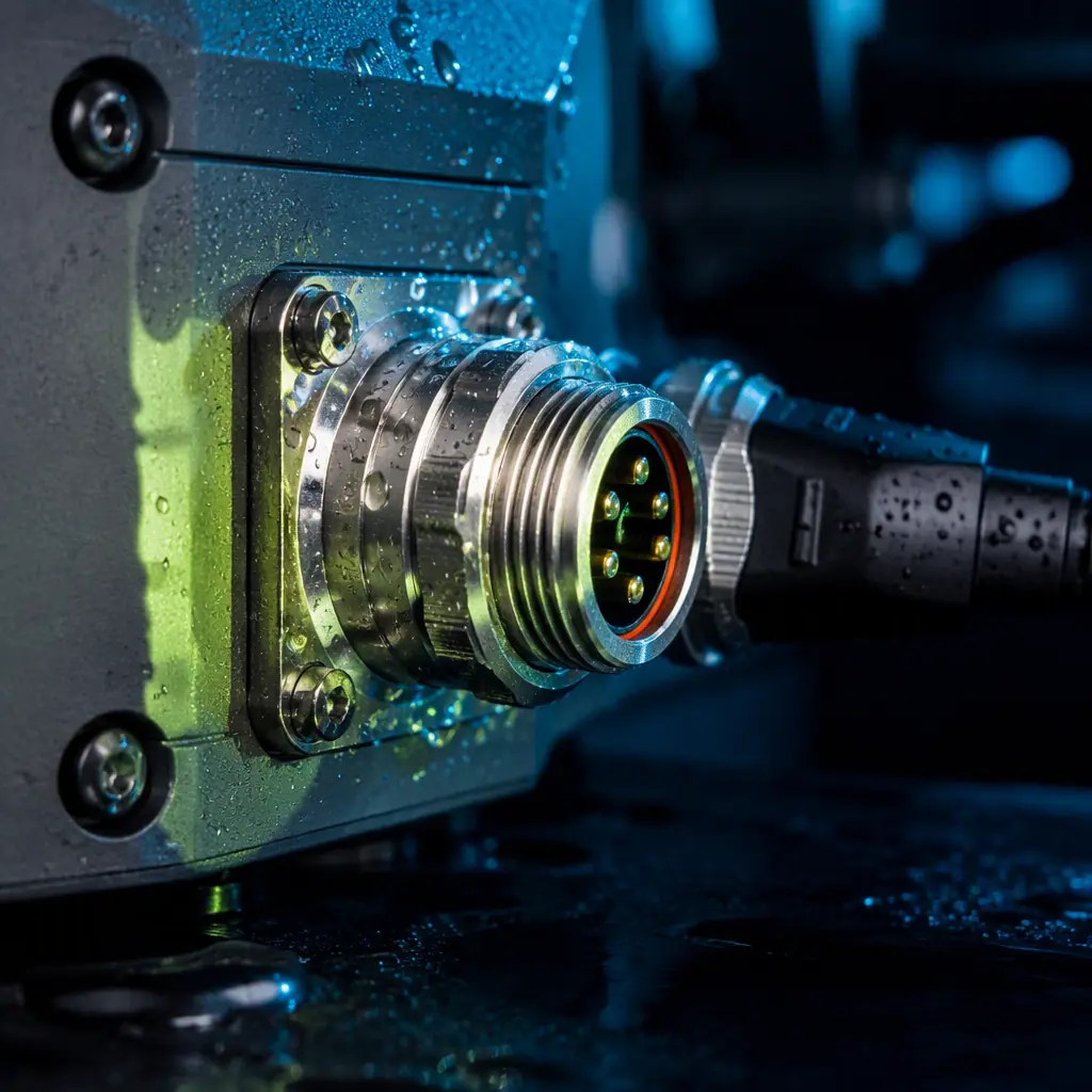 Photorealistic close-up of IP67 circular connector with threaded coupling on UAV enclosure bulkhead, water droplets on the connector shell and the O-ring seal visible at the mating face, dark engineering workspace with green accent lighting, precision industrial connector photography, no people faces, no text, no logos