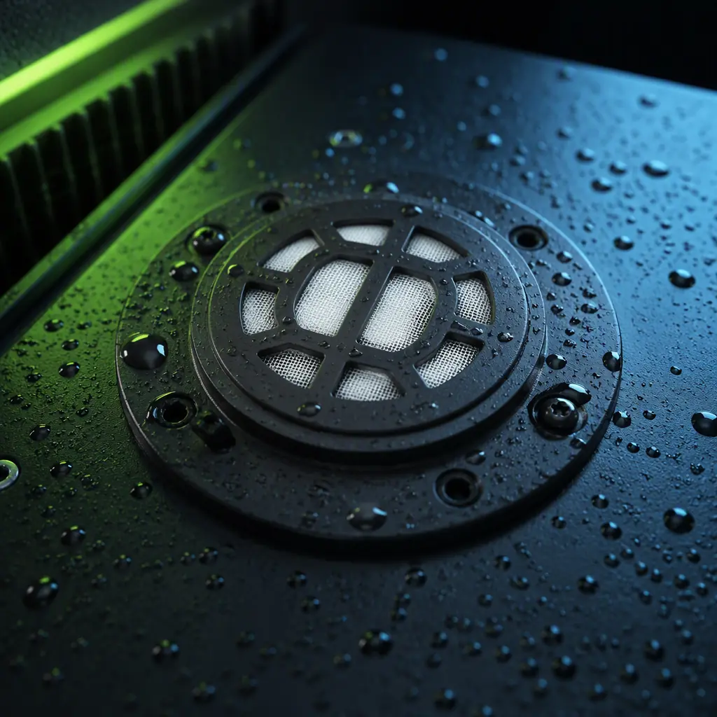 Macro photograph of pressure-equalizing membrane vent on UAV electronics enclosure — round ePTFE membrane vent with protective mounting flange and breathable membrane visible, water droplets on the surrounding surface, dark engineering laboratory lighting with green accent, precision component photography, no people faces, no text, no logos