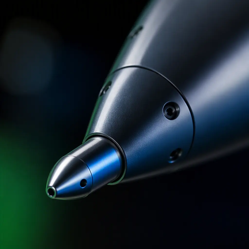 Macro photograph of a pitot-static probe on the nose of a fixed-wing UAV, clean anodized aluminum, dark engineering background with green accent reflections, no people faces, no text, no logos