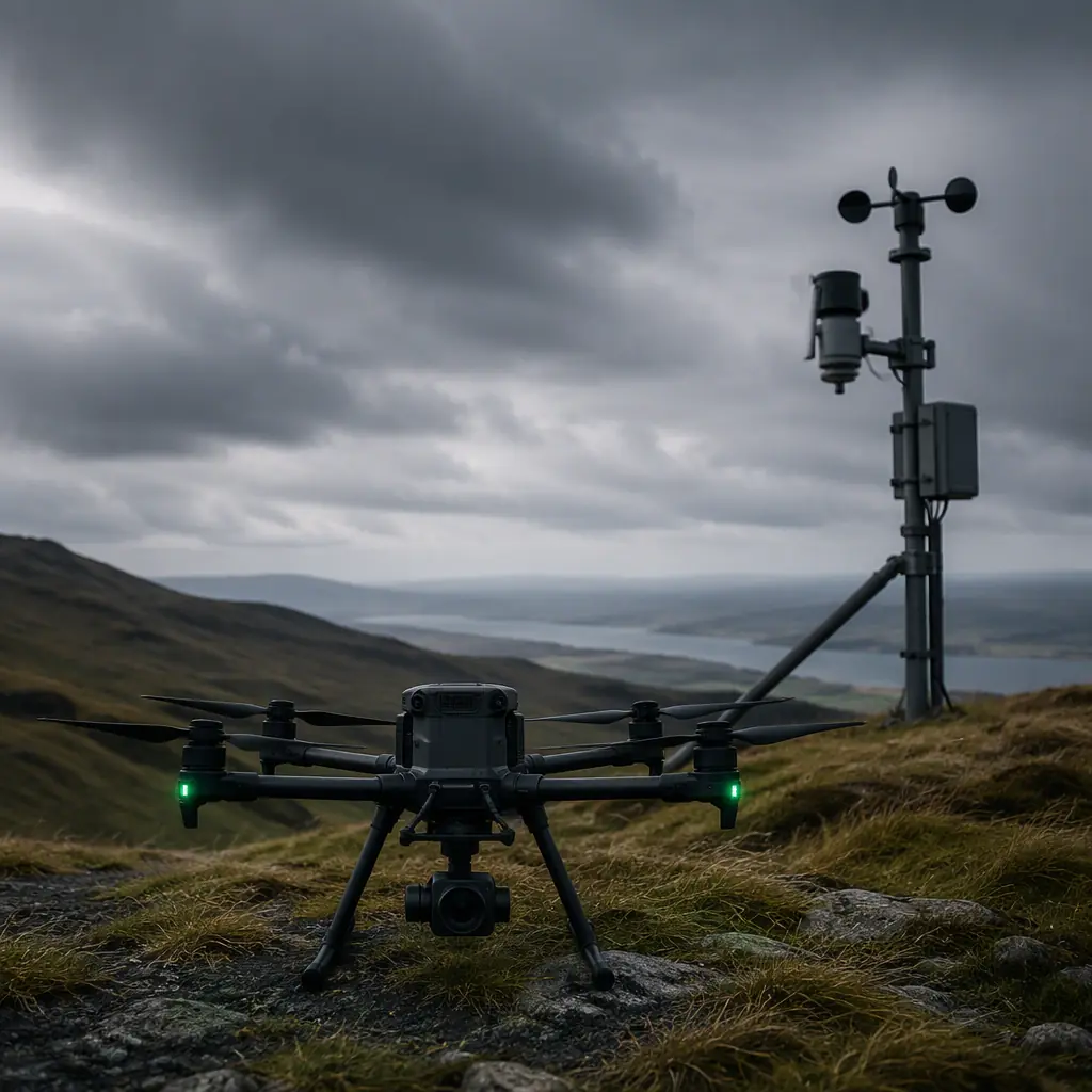 Professional photograph of a handheld anemometer and weather station beside a rugged industrial UAV on a windy ridge, wind-blown grass, dark overcast sky with green accent tones, no people faces, no text, no logos