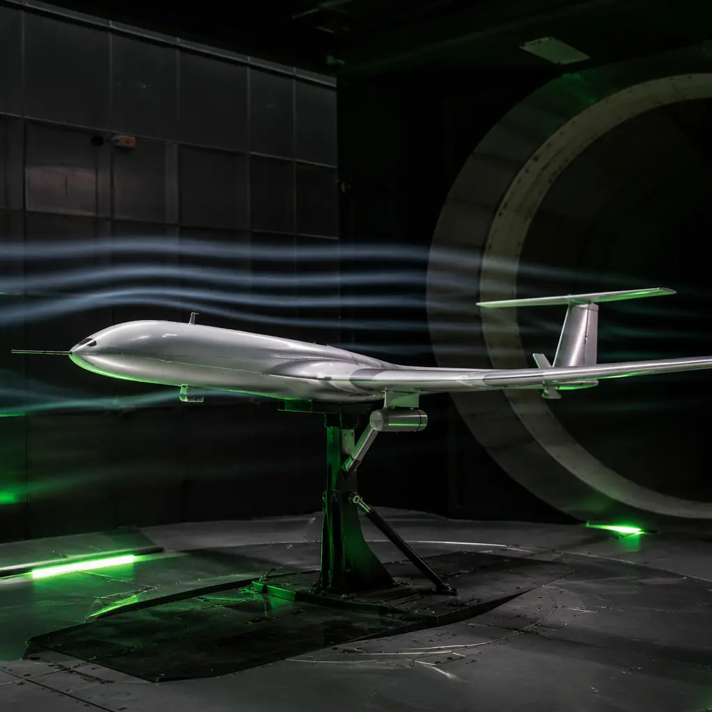 Photograph of a small UAV mounted on a test stand inside an open wind tunnel test section, airflow visible through the tunnel, dark laboratory with green accent lighting, no people faces, no text, no logos