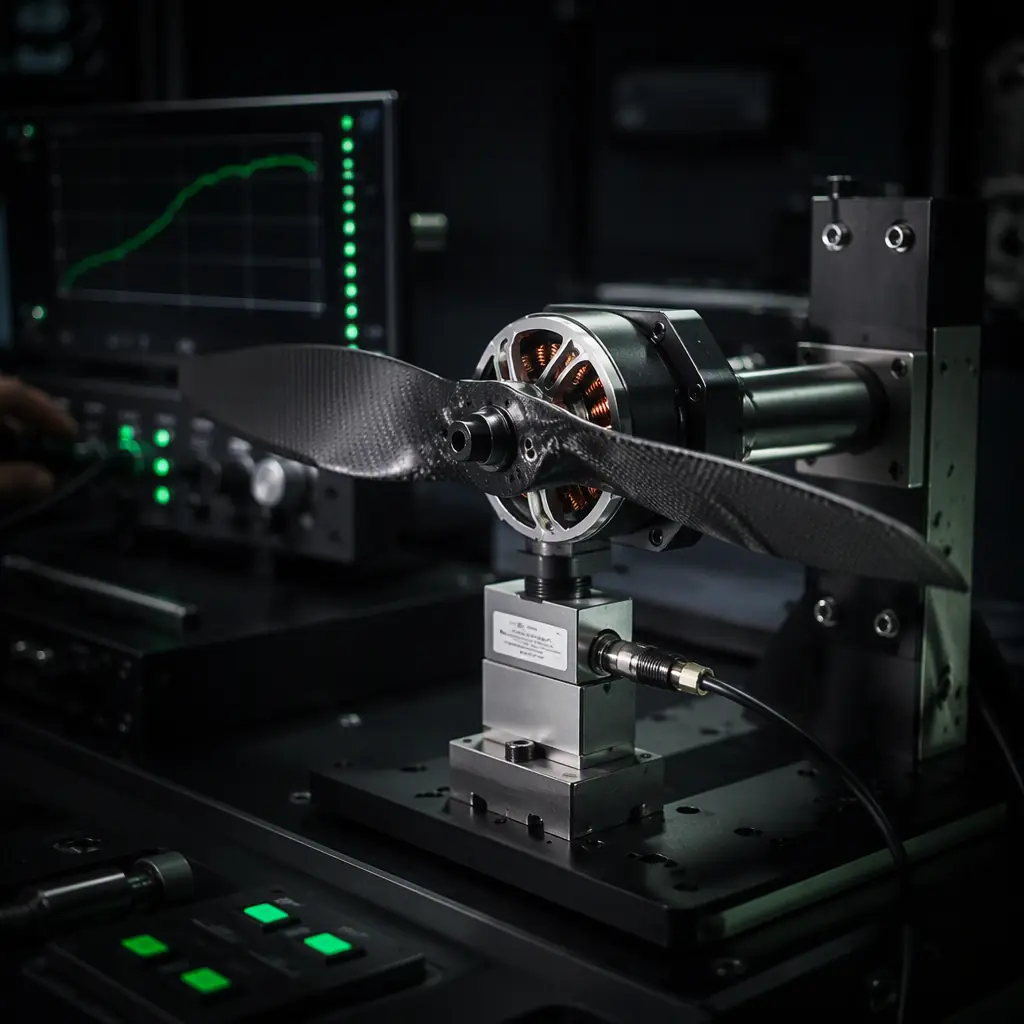 Photograph of a UAV motor and propeller mounted on a thrust test bench with a load cell and data display, dark engineering lab, green LED indicator accents, no people faces, no text, no logos