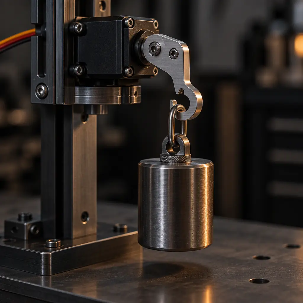 Micro servo release actuator, machined hook and drop-test fixture on a dark workbench