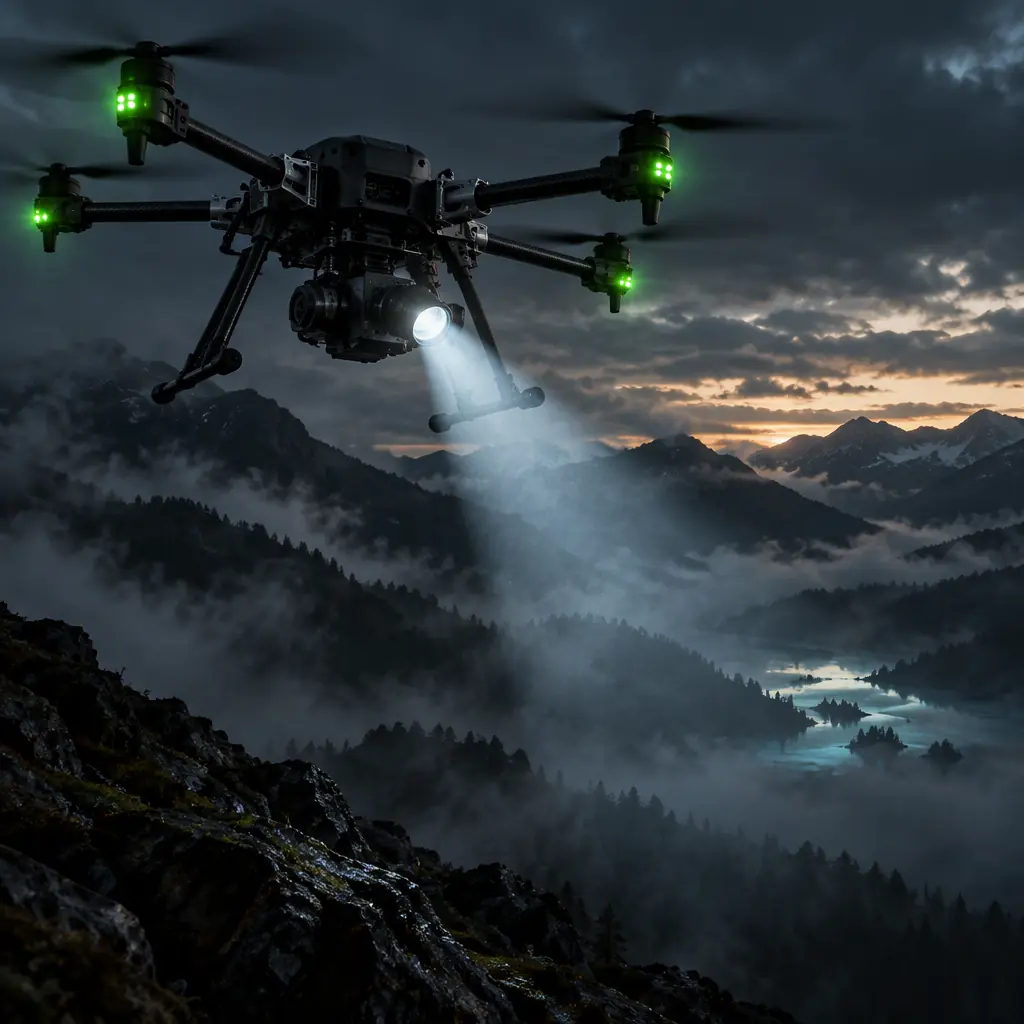 Multirotor drone silhouette hovering above dark mountain terrain at dusk with a searchlight beam and green navigation strobes