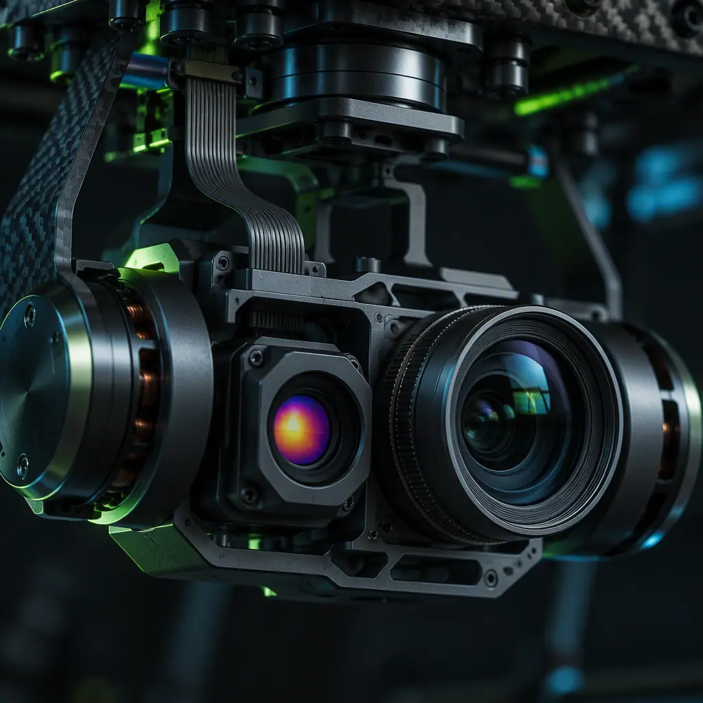 Close-up of a two-axis stabilised UAV camera gimbal with brushless motors, ribbon cable routing, thermal camera lens beside daylight zoom lens
