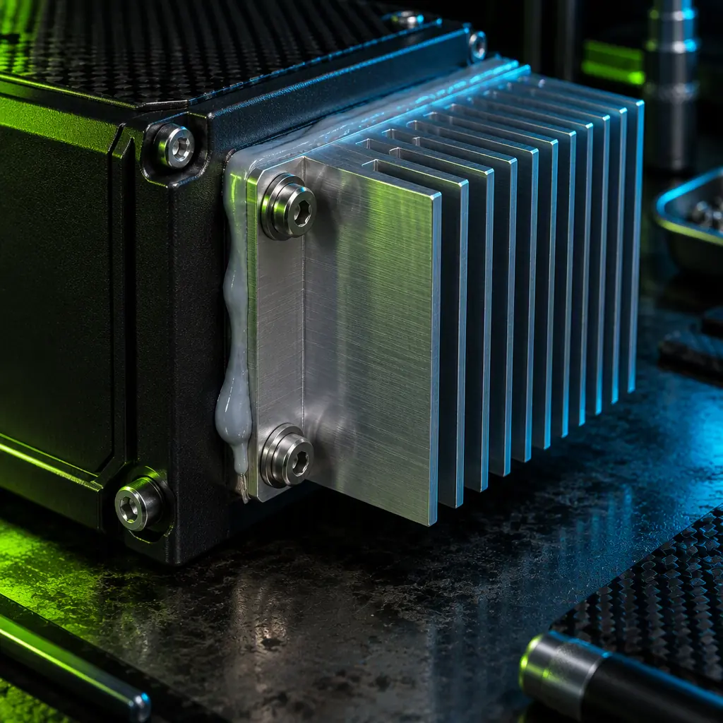 Aluminium heatsink block bolted to a sealed UAV electronics enclosure with thermal paste, cooling fins, dark workshop bench