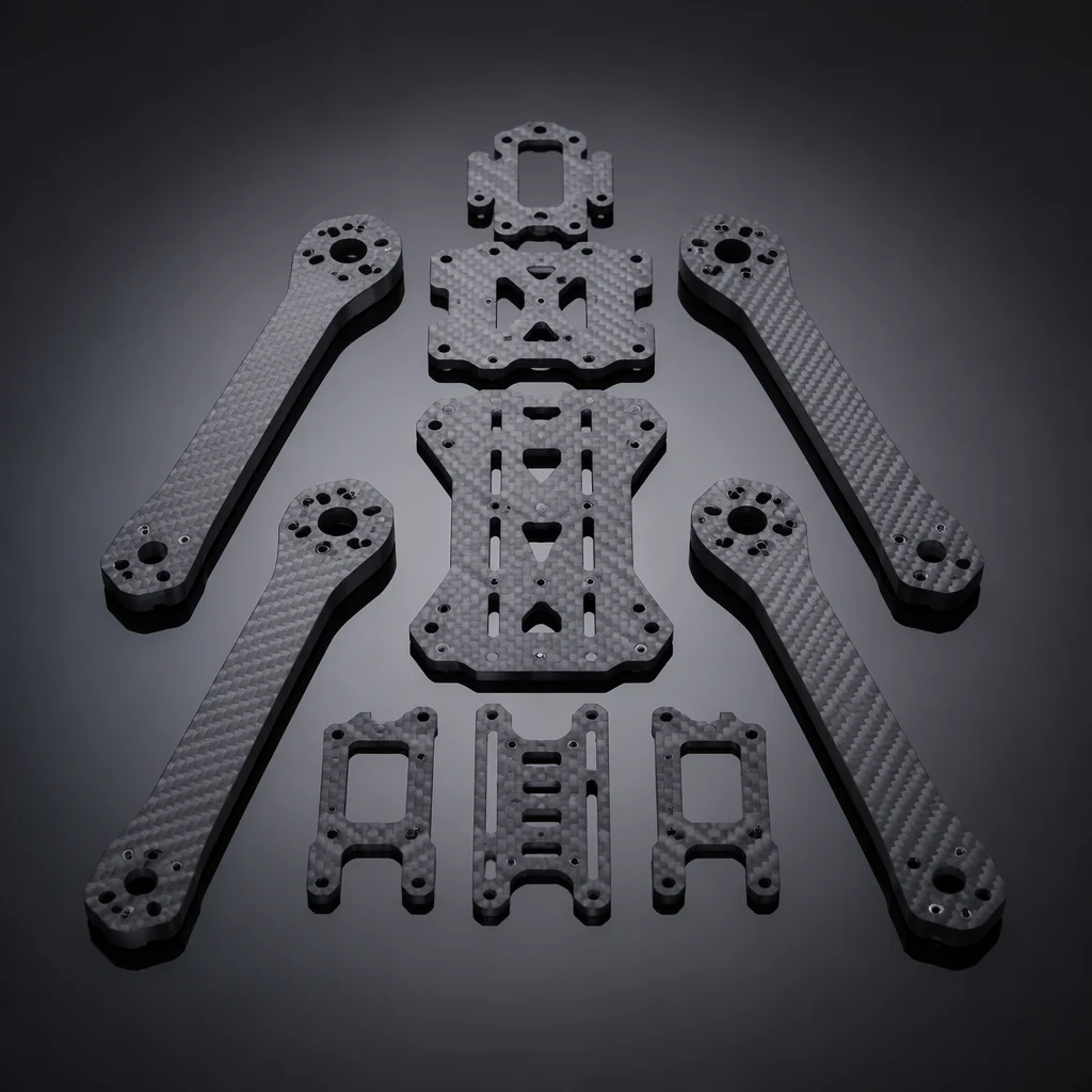 Carbon fiber quadcopter frame with center plates, tubular arms, and motor mounting brackets in exploded view