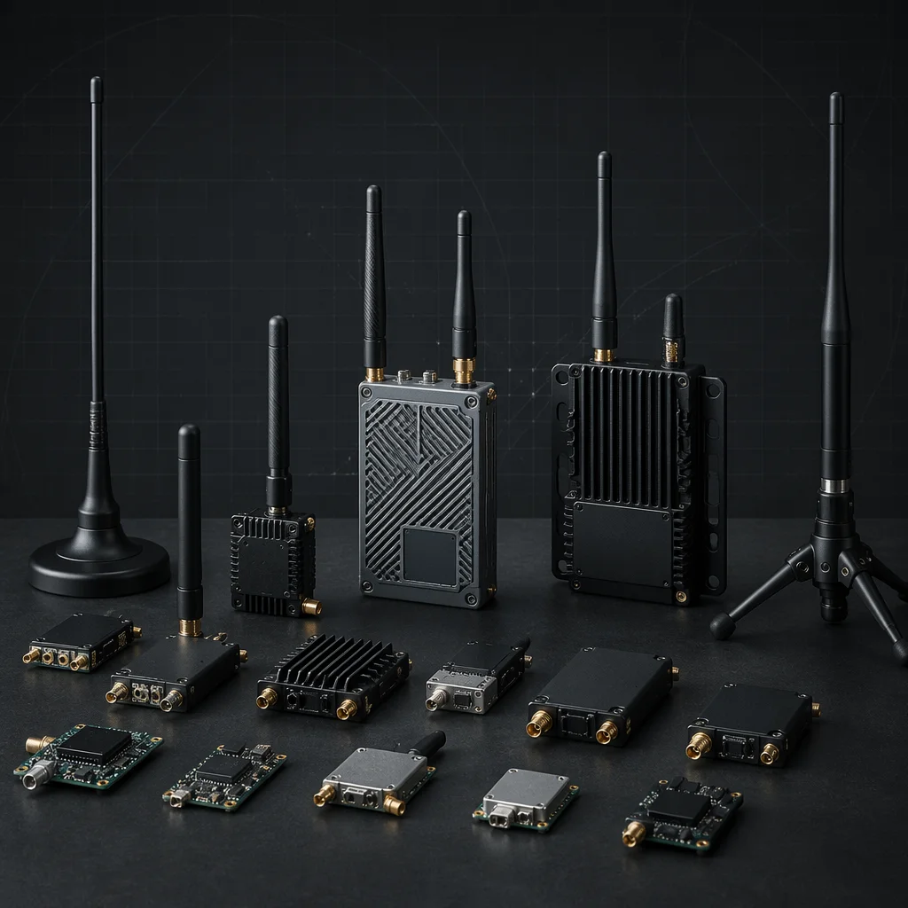 UAV telemetry radio module, antenna array, and ground station receiver on RF-transparent bench