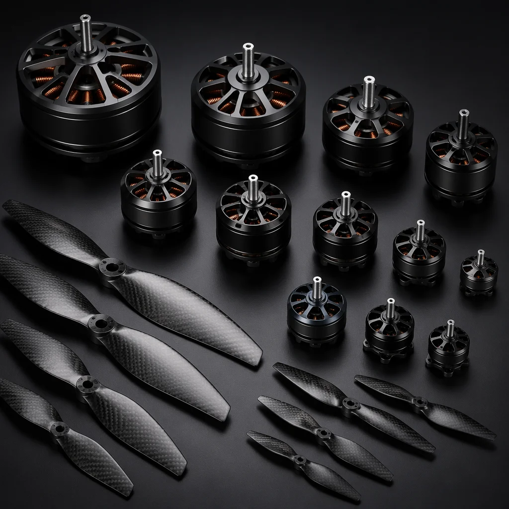 Brushless outrunner motor with carbon fiber propeller mounted on thrust test stand