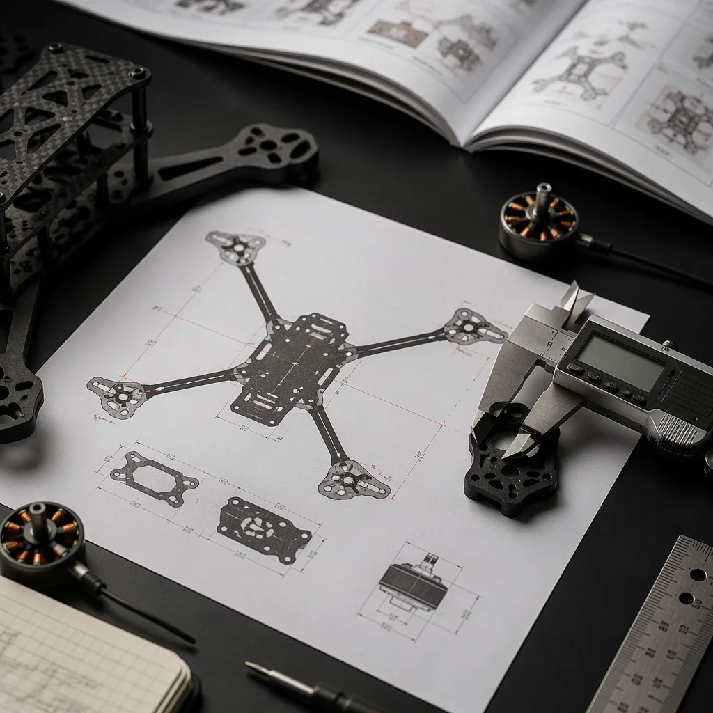 UAV component layout diagram with measurement tools and reference guides on engineering desk