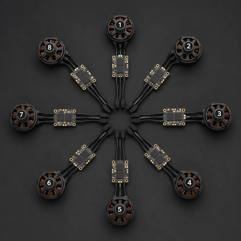 Eight brushless motors and CAN-bus ESCs arranged for heavy-lift octocopter