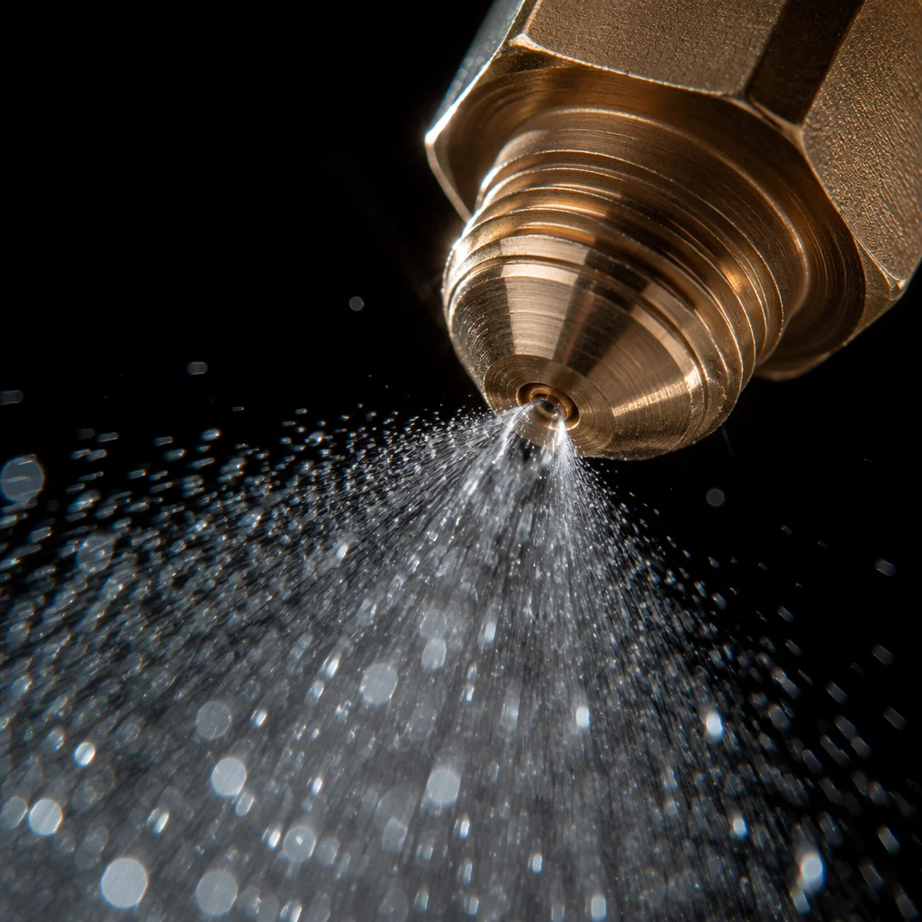 Close-up of precision agricultural spray nozzle emitting fine droplets